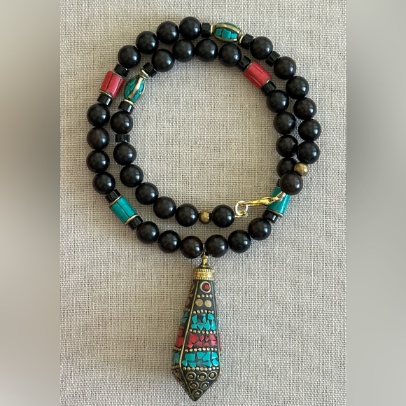 24 inch Tibetan Brass Inlaid bead necklace NWOT - Picture 9 of 13